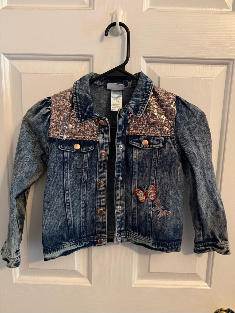 Little Lass Blue Denim Jacket with Rose Gold Sequin Yoke and Butterfly Patch